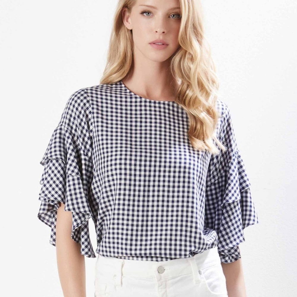 Karen Kane Ruffle Sleeve Dark Blue Gingham Top - M